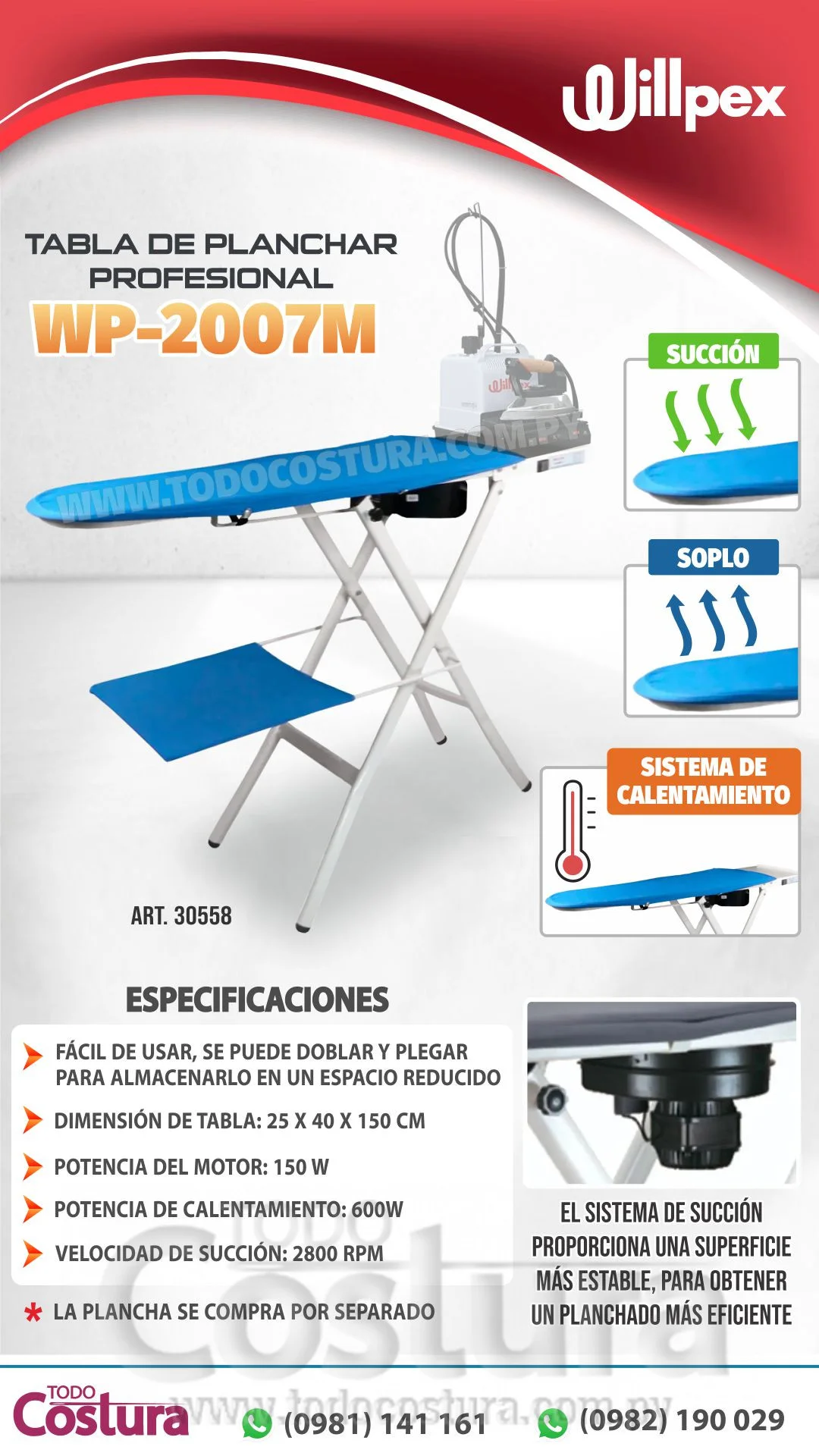 TABLA DE PLANCHAR PROFESIONAL (CON SUCCION Y CALENTADOR) WILLPEX WP-2007M